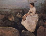 The Lady sitting the bank of the sea
